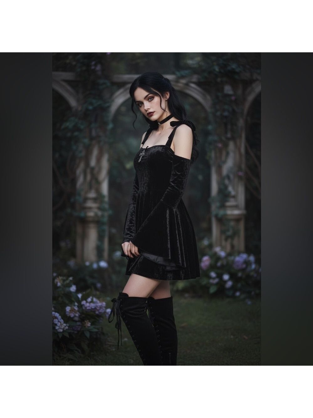 NWT Dolls Kill Widow Nocturnal Elegance Mini Dress in Black Velvet Silver Cross - Picture 5 of 16